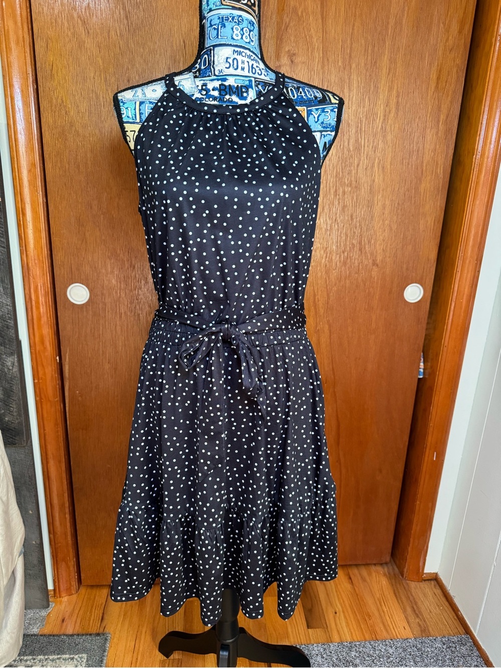Black White Polka Dot Halter Fit & Flare Midi Dress Women’s Large